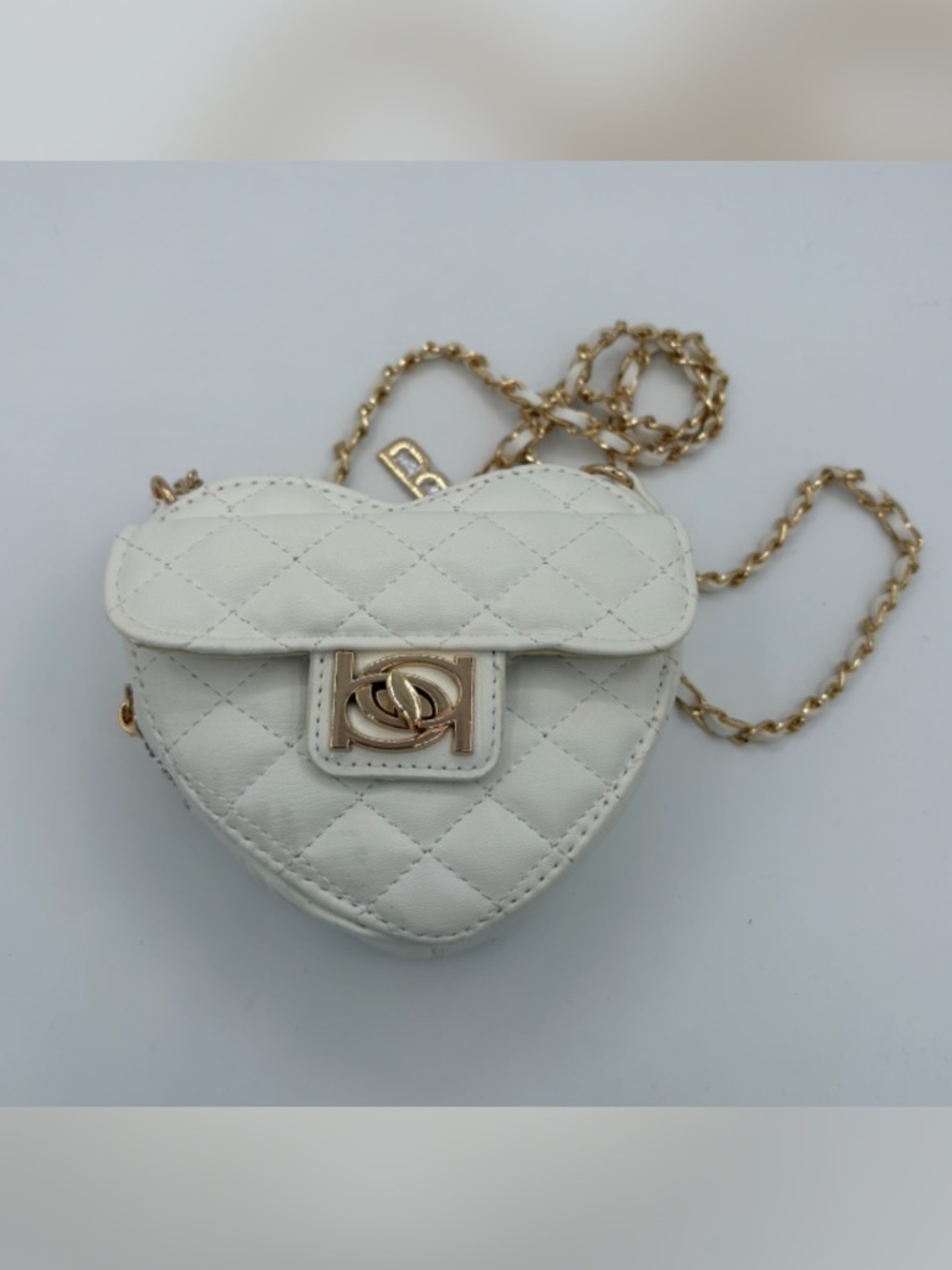bebe White Quilted Heart Mini Crossbody with Gold Chain